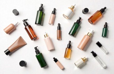Naklejka premium Top view. Bottles with cosmetics of various colors, shapes and materials without inscriptions on a white background. A variety of cosmetics for face and hair.