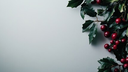 Fototapeta premium Fresh Green Holly Leaves with Red Berries on Light Background