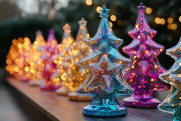 Colorful glass Christmas trees illuminated by warm holiday lights at a festive outdoor market during late afternoon