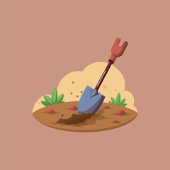 illustration of a shovel and rake