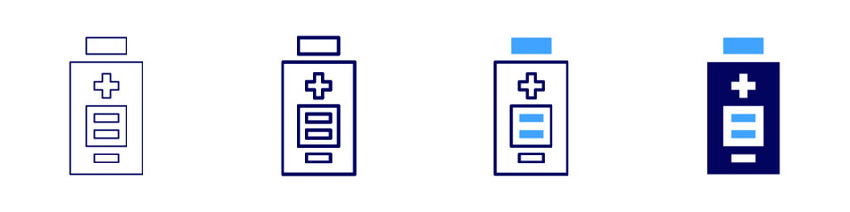 Full battery charger icon in 4 different styles. Thin Line, Line, Bold, and Bold Line. Duotone style. Editable stroke