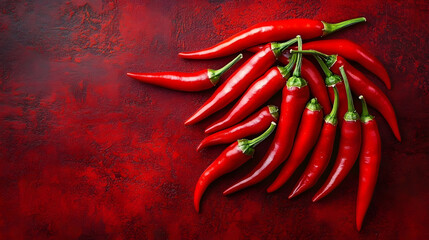 A collection of red chili peppers lies on a vibrant red background, capturing the spicy and vibrant essence of the peppers with a textured surface adding visual interest. © john