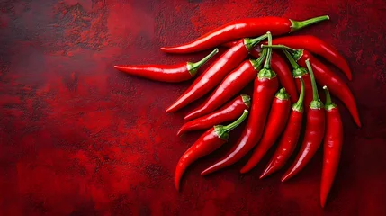 A collection of red chili peppers lies on a vibrant red background, capturing the spicy and vibrant essence of the peppers with a textured surface adding visual interest. © john