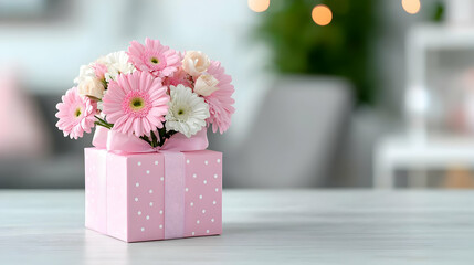 Pink flower gift box on table, home interior background, gift giving