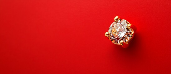 Gold stud earring with diamond, red background, jewelry advert
