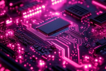 Obraz premium Illuminated circuit board with pink lighting showcasing intricate electronic components and pathways