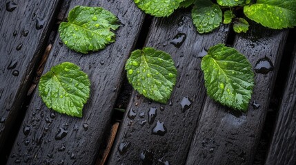 Vibrant green leaves embellishing rain kissed dark wooden planks