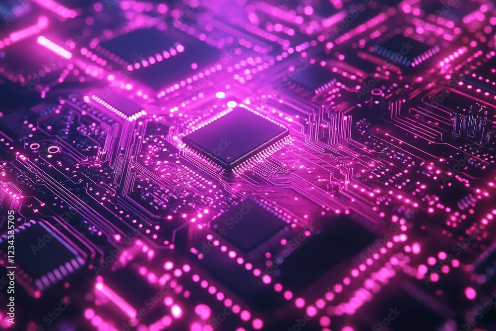 Poster Electronics circuit board with purple glowing elements and intricate connections at close range