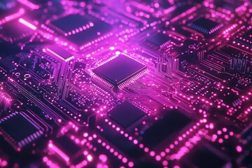 Obraz premium Electronics circuit board with purple glowing elements and intricate connections at close range