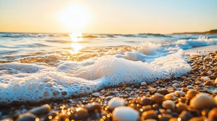 Obraz premium Serene Sunset: Ocean Waves Crashing on Pebbles