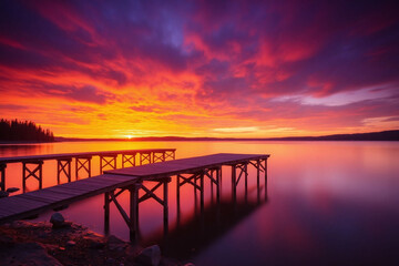 Obraz premium Sunset scene at lake with wooden pier and colorful sky