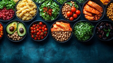 Fototapeta premium Healthy Balanced Diet with Fresh Vegetables, Protein, and Superfoods in Bowls, Nutritious Eating Concept