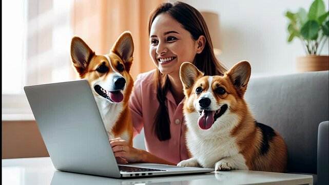 A joyful moment with two playful corgis and their owner in a sunlit living room during a cozy afternoon at home