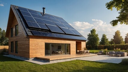 Fototapeta premium Sustainable modern home with solar panels on the roof, large windows, and a spacious patio.