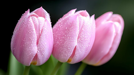Fototapeta premium Pink tulips with dew, garden background, spring flowers