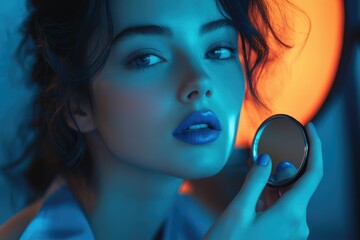 A woman with blue lipstick and nails looks into a compact mirror under vibrant blue and orange lighting.