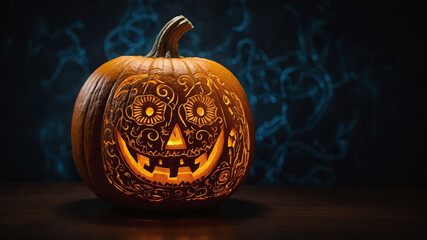 Spooky jack o lantern glowing on a black background