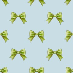 Seamless Pattern Green Bow on Pastel Blue Background