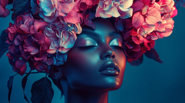 Portrait of a woman with vibrant floral headpiece