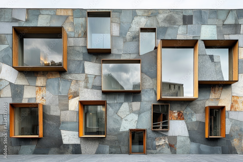 Fototapete modern architecture with unique window designs showcasing a textured stone wall in an urban setting