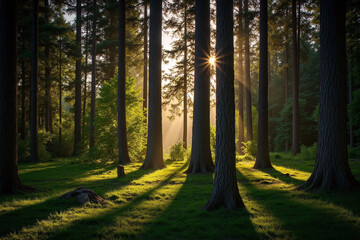 Fototapeta premium serene forest sunlight filtering through trees grass floor