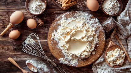 Rustic kitchen setup with eggs and baking ingredients