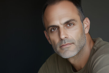 Fototapeta premium Middle-aged man with receding hairline and neutral expression poses in soft lighting setting