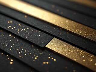 A textured arrangement of black and gold paper strips with glittering accents.