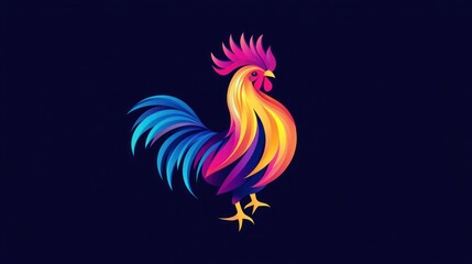 Colorful rooster illustration, dark background, graphic design, logo