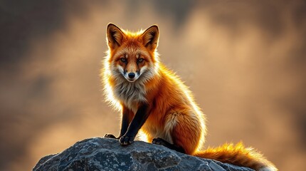 Fototapeta premium Fox sitting on rock in golden light, realistic wildlife photo. Educational materials, forestry, biology, nature conservation, infographics, wildlife, zoo, tourism, logo, children's book,