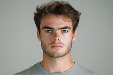 Obraz premium Young man with serious expression wearing grey t-shirt looking directly at the camera indoors