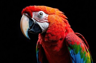 Obraz premium Close-up. Bright macaw parrot on a black background. Postcard with a bird.