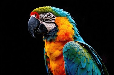 Fototapeta premium Close-up. Bright macaw parrot on a black background.
