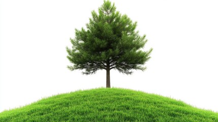 Lush Green Tree Standing Alone on a Rolling Hill Against a White Background