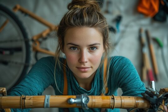 Young woman with freckles, bun hairstyle, fixing a bamboo bicycle.