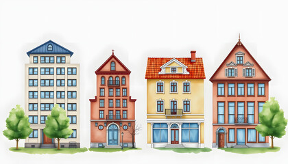 Fototapeta premium Set of Four Buildings Types Illustration with Trees , with white tonespng