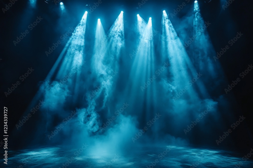 Poster dynamic blue spotlight beams illuminate a stage filled with mist during a live performance event