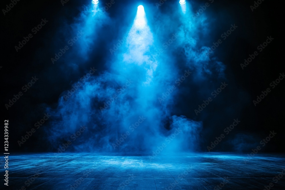 Poster blue stage lighting creating an atmospheric haze in a performance space with wooden floor and smoke 