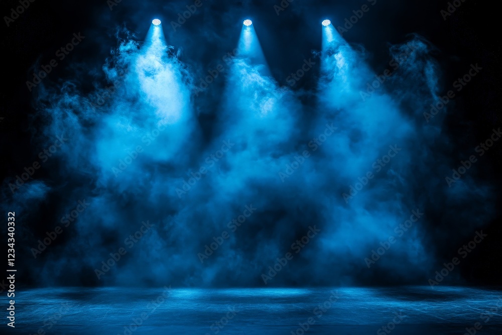 Poster dynamic blue lighting creates an energetic atmosphere on the stage in an event hall during a perform