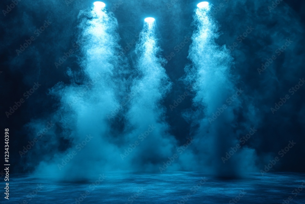 Leinwandbilder Mysterious blue fog illuminated by spotlight beams in a darkened space creating an ethereal atmosphere