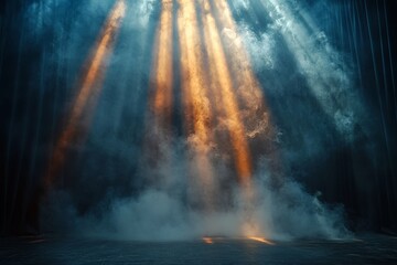Obraz premium Dramatic light beams illuminate a smoky stage in a dimly lit theater during a performance