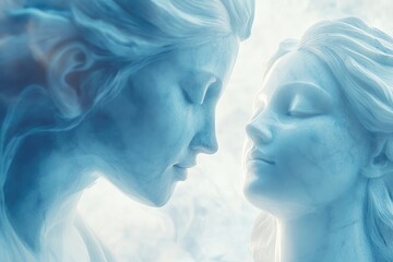 Fototapeta premium Two serene, sculpted figures face each other, embodying ethereal beauty and connection.