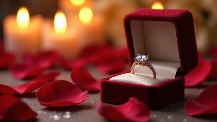 Romantic Engagement Ring in Red Velvet Box with Rose Petals and Candles - Perfect for Proposal Photography
