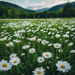 Obraz premium A beautiful field of blooming daisies on lush green grass, evoking tranquility and natural beauty.