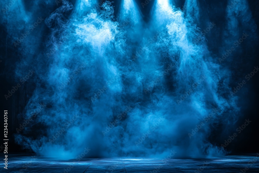 Poster dramatic blue fog envelops stage lighting during a performance in a theater setting