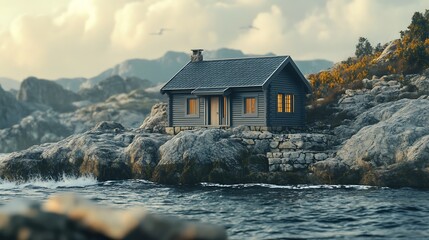Secluded cabin on rocky coast at sunset.