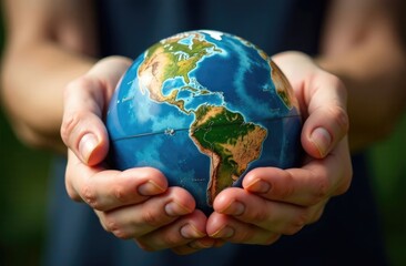 Globe of the earth on the palms of a person.
