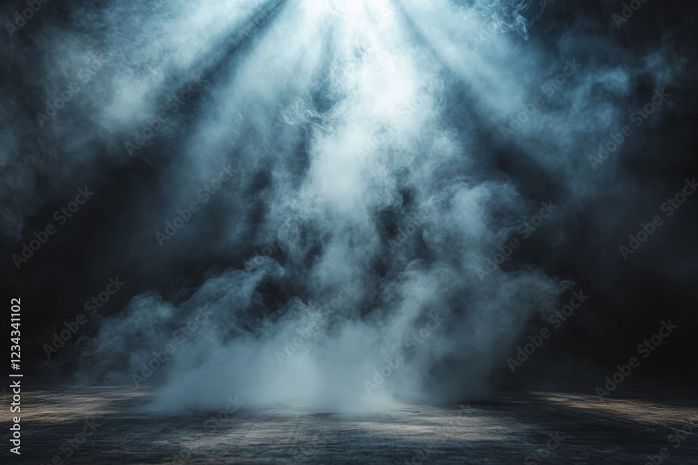 Aufkleber Rays of light and swirling mist create an ethereal atmosphere in a dimly lit space for dramatic effect