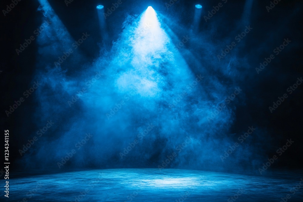 Poster dramatic blue lighting fills the stage with mist during a performance in an intimate theater setting