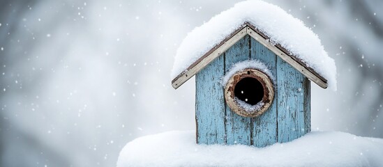 Snowy blue birdhouse winter scene; snowfall background; nature card